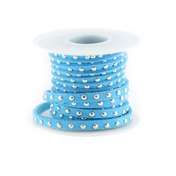 10 CM de ruban suédine (daim artificiel) de couleur bleu clair  5 mm effet clous (rivet) argenté - Photo n°1
