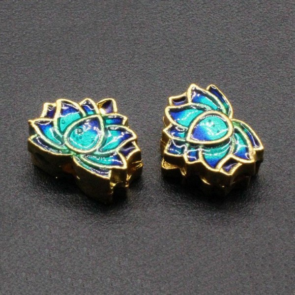 1 pièces Or Bleu Vert Émail Métal Lotus Cloisonné Perles Entretoise Vintage Art Perle Design Bracele - Photo n°2