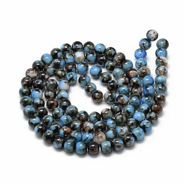 30 perles ronde en verre peint fabrication bijoux 8 mm MARBRE NOIR BLANC BLEU - Photo n°1