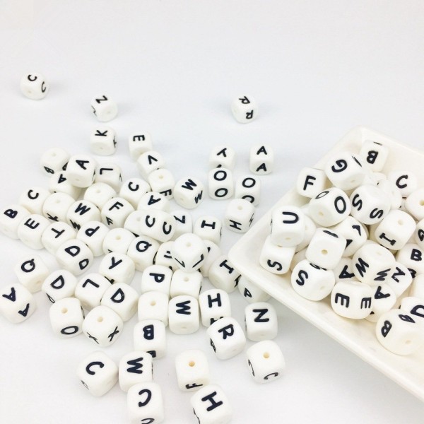 Perles Silicone Lettre Alphabet 12mm Blanc Lettre 
