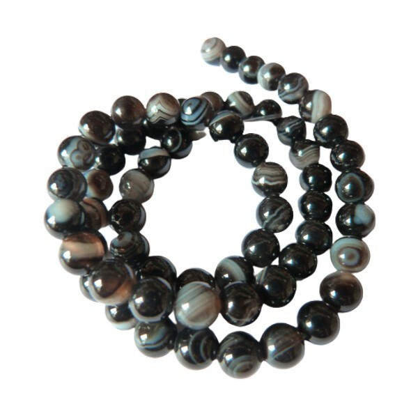 Fil de 60 perles ronde rayé en pierre naturelle AGATE 6 mm NOIR - Photo n°1