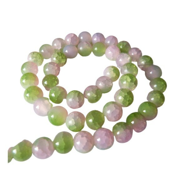 Fil de 48 perles verre craquellé ronde imitation agate fabrication bijoux 8 mm VERT ROSE - Photo n°1
