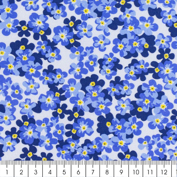 Tissu Popeline de coton - Fleurs Bleues - Vendu par 10 cm - Photo n°3
