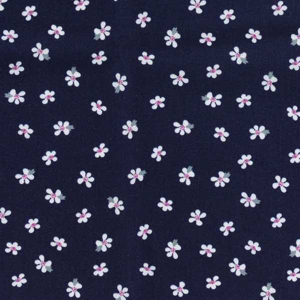 Tissu Popeline de coton - Fleurs blanches - Vendu par 10 cm - Photo n°1