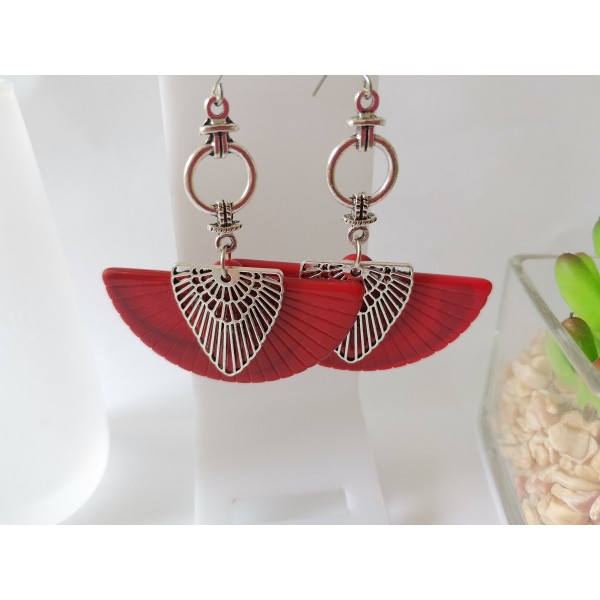 Kit boucles d'oreilles pendentif éventail rouge et crochets acier inoxydable - Photo n°1