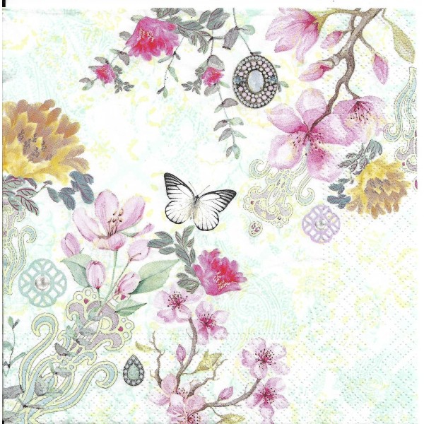 4 Serviettes en papier Fleurs Papillon Nina Format Lunch Decoupage Decopatch 75245 Nouveau - Photo n°2