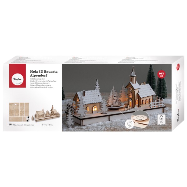 Kit Déco en bois de Noël avec plateau tournant - Village alpin - 40 x 14,5 x 20 cm - Photo n°1
