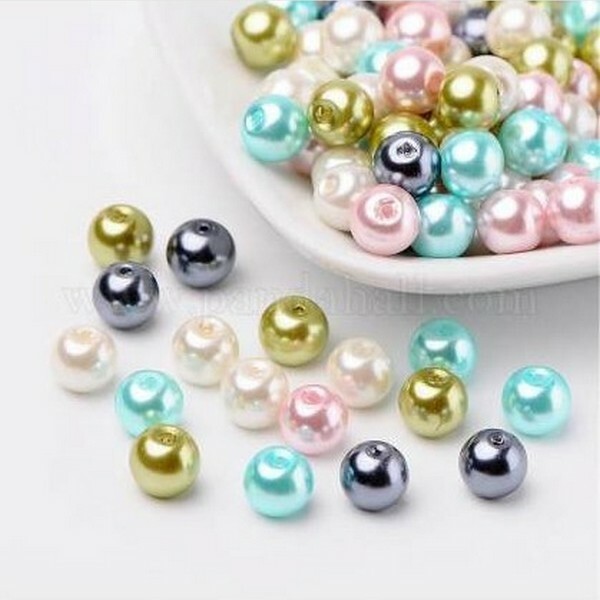 Perles ronde en verre nacré en mélange coloris assortis 6 mm BLEU VERT GRIS ROSE BLANC - Photo n°1