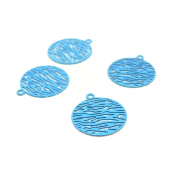 AE114084 Lot de 10 Estampes pendentif connecteur filigrane Cercle Zebre 13mm coloris Bleu Turquoise - Photo n°1