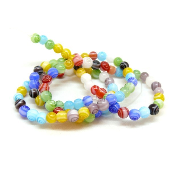 HR491 1 fil d'environ 98 perles Rondes Millefiori style spirale 4mm Multicolores - Photo n°1