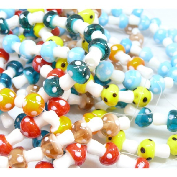 HQ001 Lot de 10 perles de verre fait main Champignon 16 par 12mm rmulticolore - Photo n°1