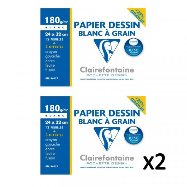 Lot de 2 pochettes papier dessin à grain blanc 24x32cm Clairefontaine - Photo n°1