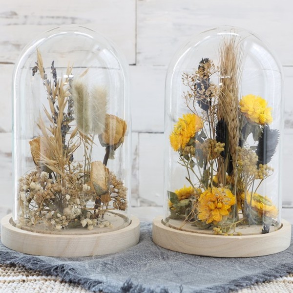 Cloche en verre fleurs séchées - Naturel & Jaune - 16 x 10 cm - 1 pce - Photo n°2