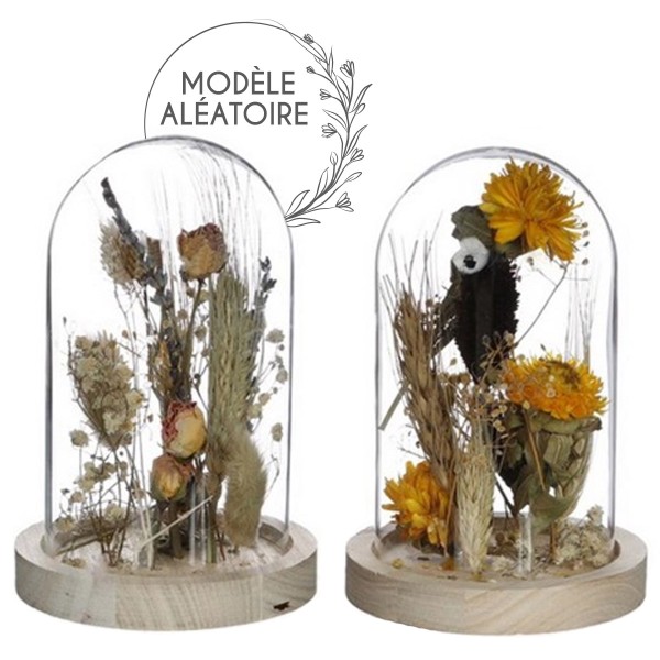 Cloche en verre fleurs séchées - Naturel & Jaune - 21 x 12 cm - 1 pce - Photo n°1