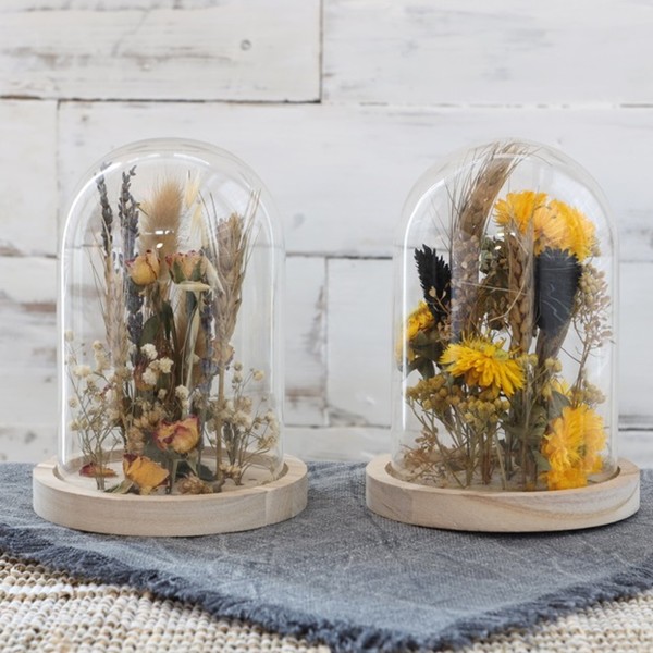 Cloche en verre fleurs séchées - Naturel & Jaune - 10 x 8 cm - 1 pce - Photo n°2