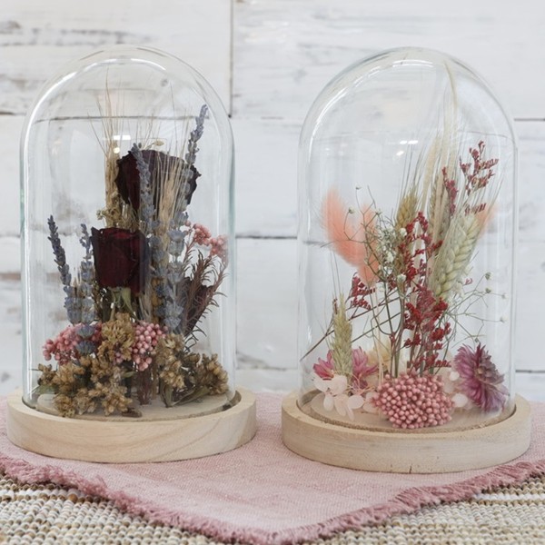 Cloche en verre fleurs séchées - Rose & Bordeaux - 16 x 10 cm - 1 pce - Photo n°2