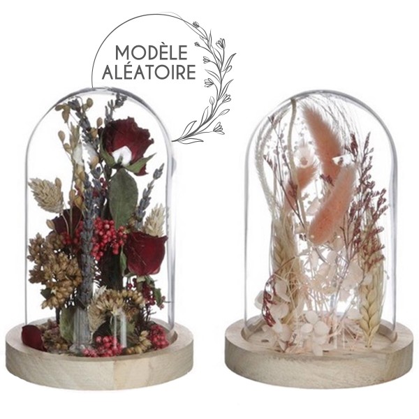 Cloche en verre fleurs séchées - Rose & Bordeaux - 21 x 12 cm - 1 pce - Photo n°1