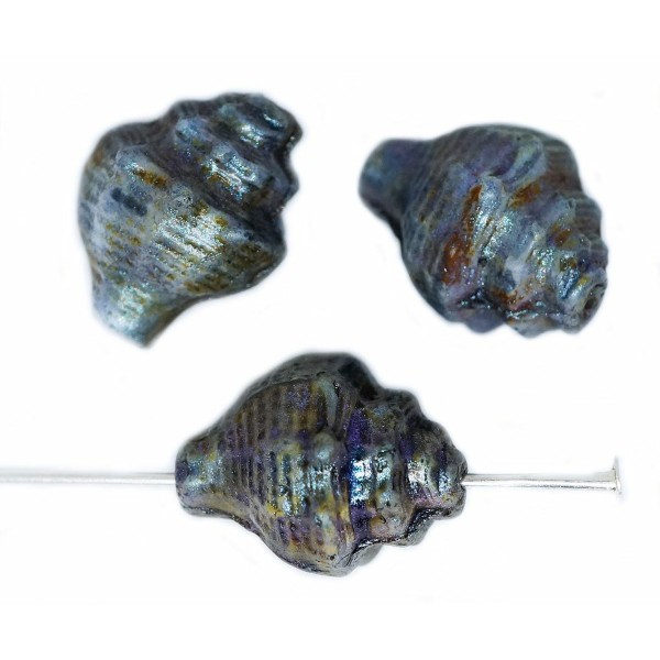 4pcs Picasso Shine Blue Patina Brown Murex Shell Sea Seashell Beads verre tchèque 15mm x 12mm - Photo n°1