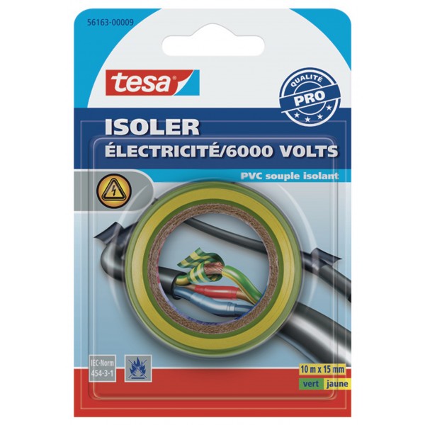 Adhésif isolant électricité Tesa PVC souple isolant vert/jaune 10m x 15mm - Photo n°1