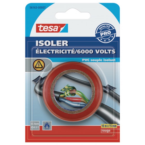 Adhésif isolant électricité Tesa PVC souple isolant rouge 10m x 15mm - Photo n°1