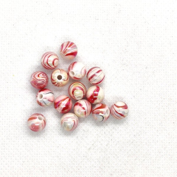 15 Perles bicolores rouge / blanc - résine - 8mm - b160 - Photo n°1