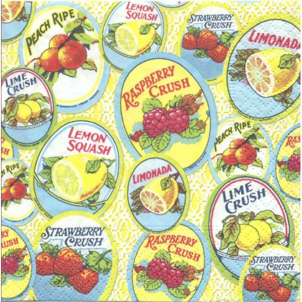 4 Serviettes en papier Fruits étiquettes Format Cocktail Decoupage 11557 Paper+Design - Photo n°1