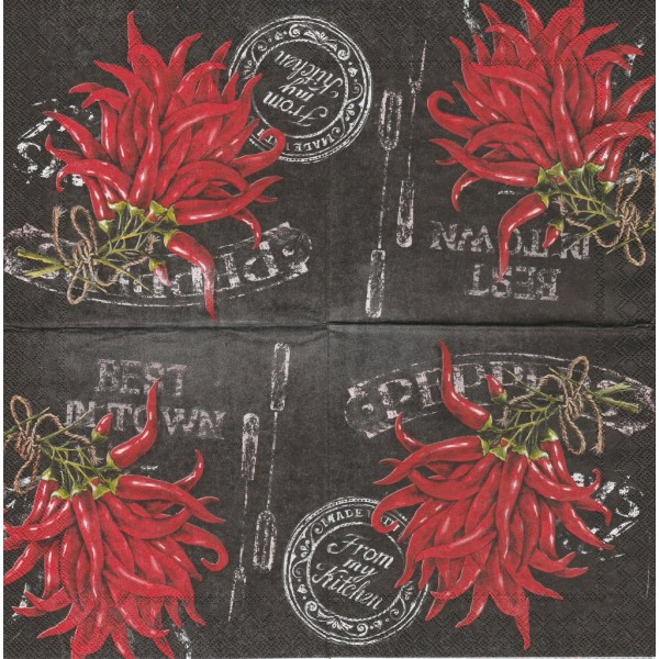 4 Serviettes en papier Piments Rouges Format Cocktail Decoupage Decopatch C-599600 IHR - Photo n°1