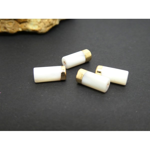 2 Petites perles colonne en nacre et laiton doré - 10*4mm- perles tube en nacre - Photo n°1