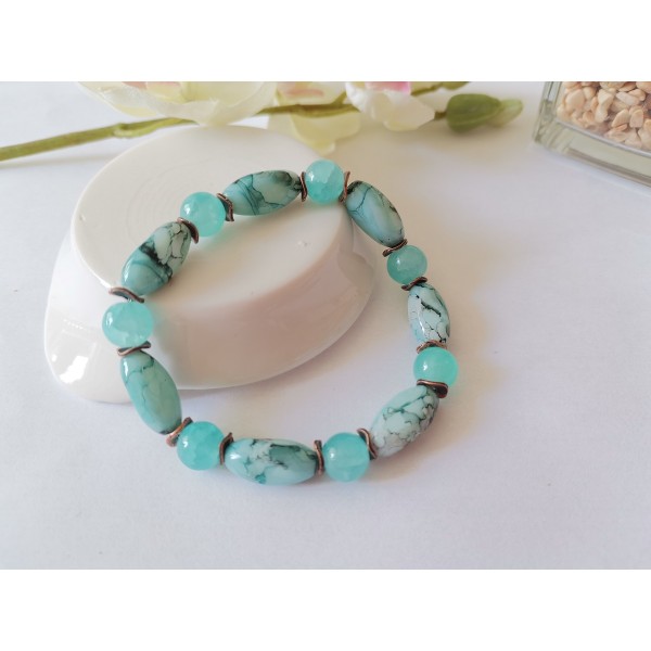 Kit bracelet fil élastique et perles en verre bleu vert - Photo n°2