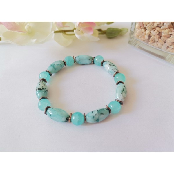 Kit bracelet fil élastique et perles en verre bleu vert - Photo n°1