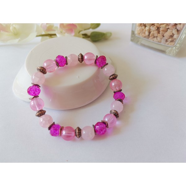 Kit bracelet fil élastique et perles en verre rose et fuchsia - Photo n°1