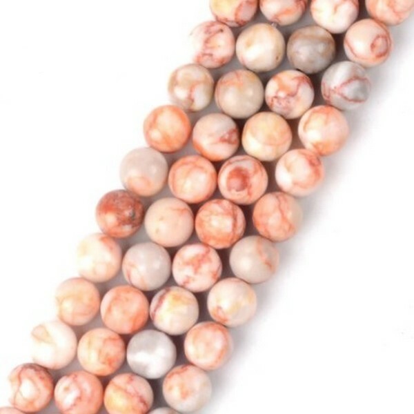 Fil de 60 perles ronde en pierre naturelle JASPE 6 mm MARBRE ORANGE - Photo n°1