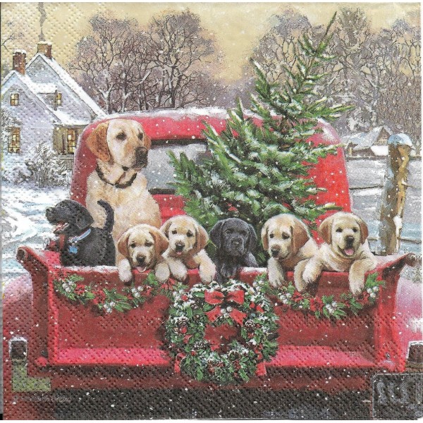 4 Serviettes en papier Famille Labrador à Noël Format Lunch Decoupage Decopatch 33314705 Ambiente - Photo n°1