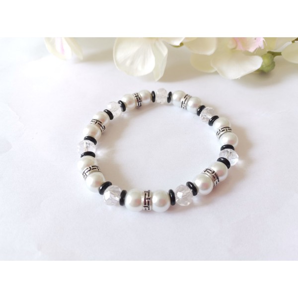 Kit bracelet fil élastique perles en verre blanches et cristal - Photo n°1