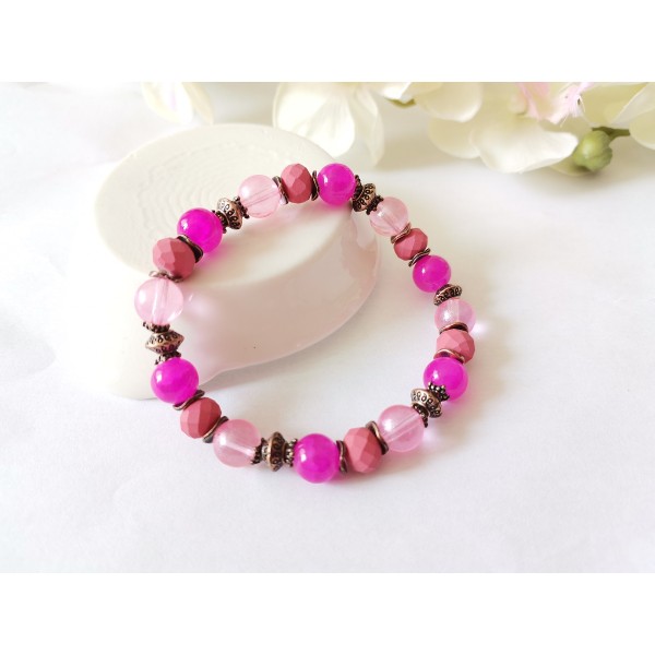 Kit bracelet fil élastique et perles en verre rose, fuchsia et framboise - Photo n°2