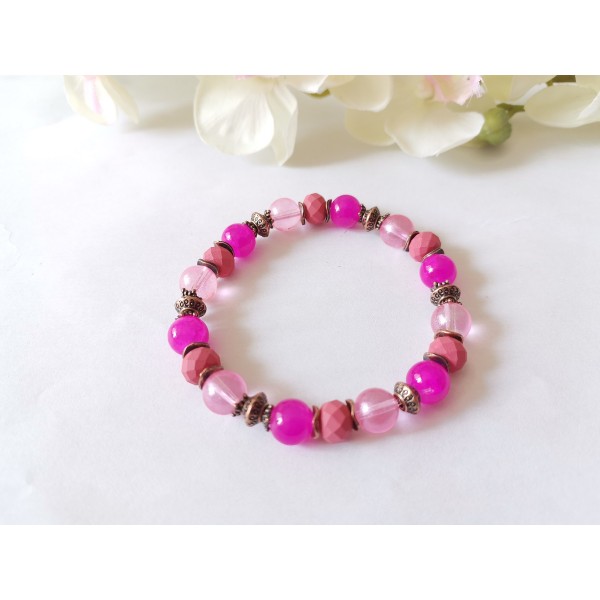 Kit bracelet fil élastique et perles en verre rose, fuchsia et framboise - Photo n°1