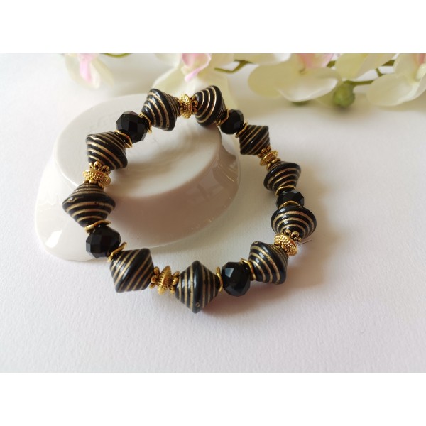 Kit bracelet fil élastique perles en bois noires et dorées - Photo n°2