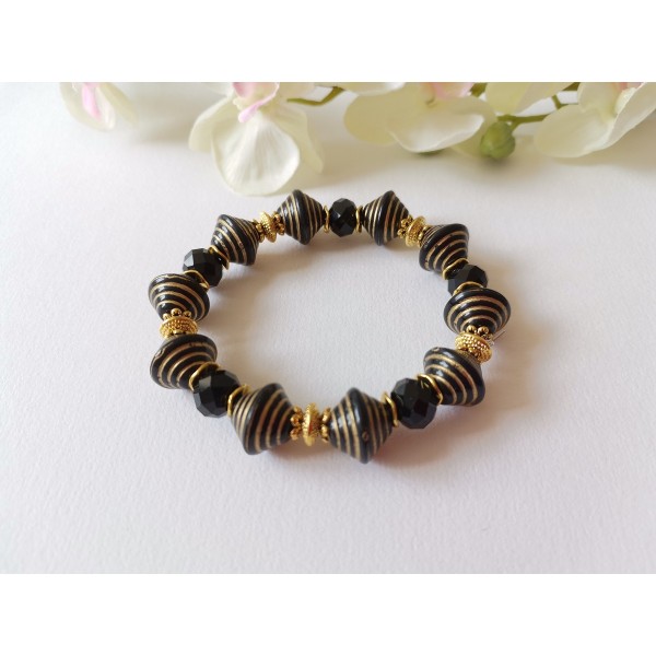 Kit bracelet fil élastique perles en bois noires et dorées - Photo n°1