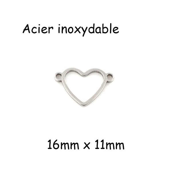 5 Perles Connecteur Cœur Argenté En Acier Inoxydable 16mm - Photo n°1