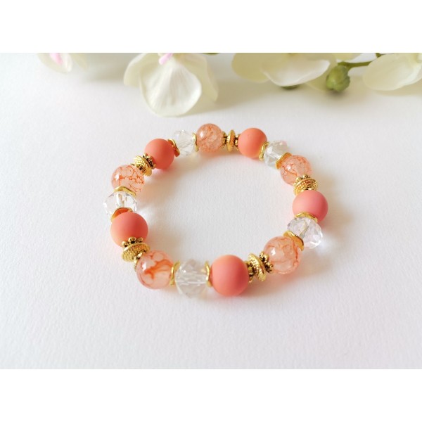 Kit bracelet fil élastique perles en verre oranges et cristal - Photo n°1