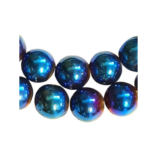 Fil de 90 perles rondes 4mm 4 mm en hématite bleue irisée non magnétique - Photo n°1