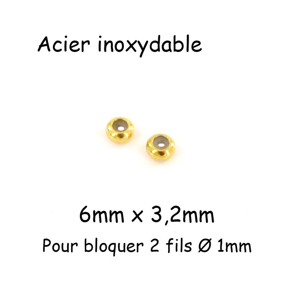 2 Perles Stoppeur Fermoir Réglable En Acier Inox Doré 6mm Pour 2 Cordons De 1mm - Photo n°1