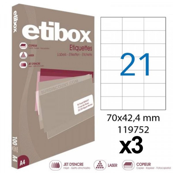 Lot de 3 boites de 2100 étiquettes - Format 70x42.4mm - Etibox - Apli 119752 - Photo n°1