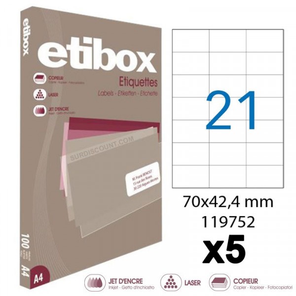 Lot de 5 boites de 2100 étiquettes - Format 70x42.4mm - Etibox - Apli 119752 - Photo n°1