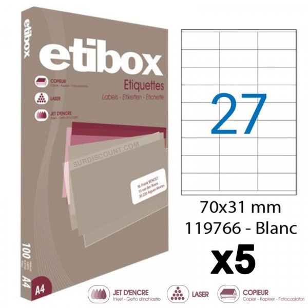 Lot de 5 boites de 2700 Étiquettes - Format 70X31Mm - Etibox - Apli 119766 - Photo n°1