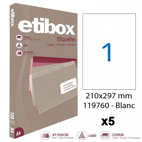 Lot de 5 boites de 100 étiquettes - Format 210x297mm (A4) - Etibox - Apli 119760 - Photo n°1