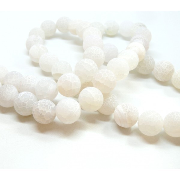H589 1 fil de 38 perles - Rondes - Agate craquelé 10mm - EFFET GIVRE Blanc Gris Cair - Photo n°1