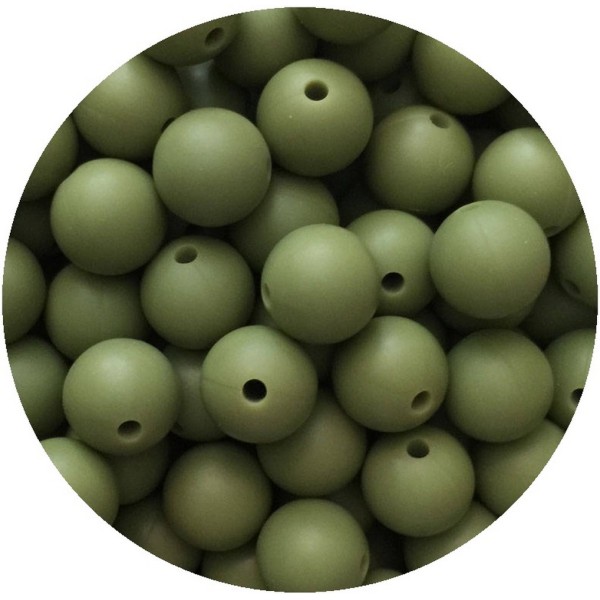 5 Perles Silicone 15mm Couleur Vert Kaki, Creation Attache Tetine - Photo n°1