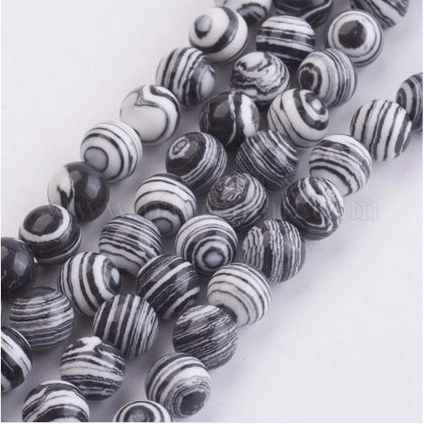 Fil de 60 perles ronde Malachite synthétique fabrication bijoux 6 mm NOIR BLANC - Photo n°1