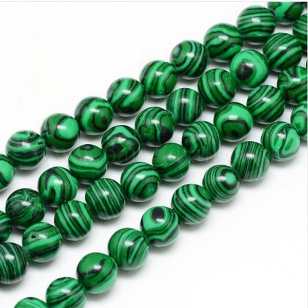 Fil de 60 perles ronde Malachite synthétique fabrication bijoux 6 mm VERT NOIR - Photo n°1